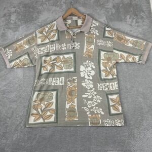 Bugle Boy Polo Shirt Mens 2XL Grey Floral Hibiscus Tropical Print Vintage 90s